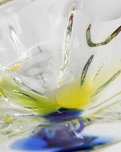 Vintage Schale Murano Glas oval klar mit Blau und Gelb Design Italien 1970er