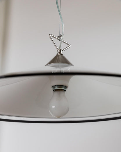 Plafonnier vintage en verre de Murano blanc, bord noir, acier inoxydable, Italie, années 1970