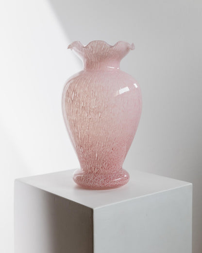 Vintage Vase Murano Glas rosa gepunktet mit gewelltem Rand von Murano