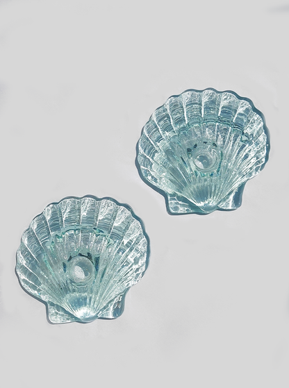 Vintage Kerzenhalter Muschelglas türkis Set von 2