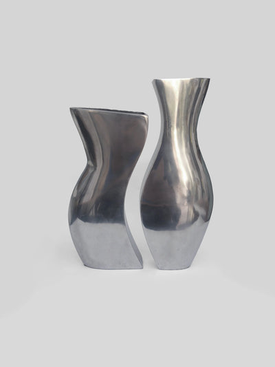 Set of 2 Modernist Metal Vases in Silver