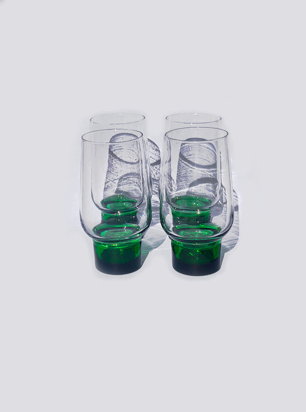 Set von 4 Vintage Gläser mit grünem Glasfuß
