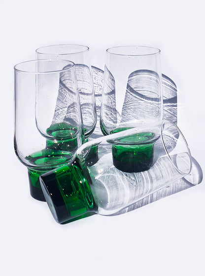 Set von 4 Vintage Gläser mit grünem Glasfuß