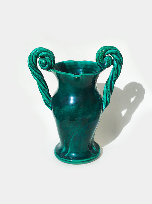 Vintage Vase aus Keramik mit Spiralhenkeln, vorne mit Absplitterung