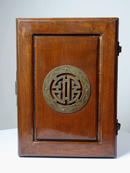 Vintage Schmuckdose Holz China mit Shou-Dekor in Kupfer