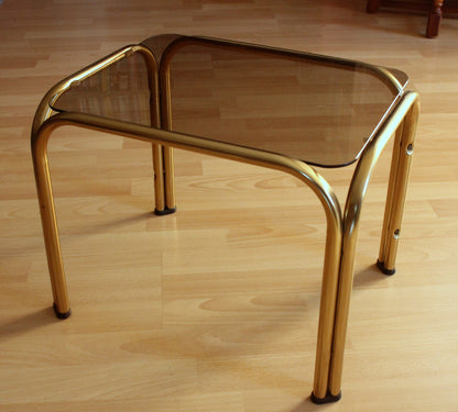 Vintage Beistelltisch Messing mit Rauchglasplatte, Space Age