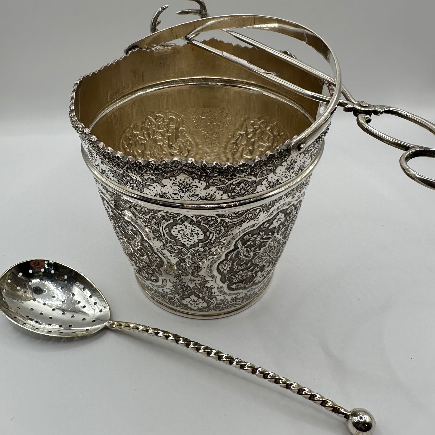 Handgefertigt Silber-Set Eiskühler, Silberzange, gelochte Servierkelle