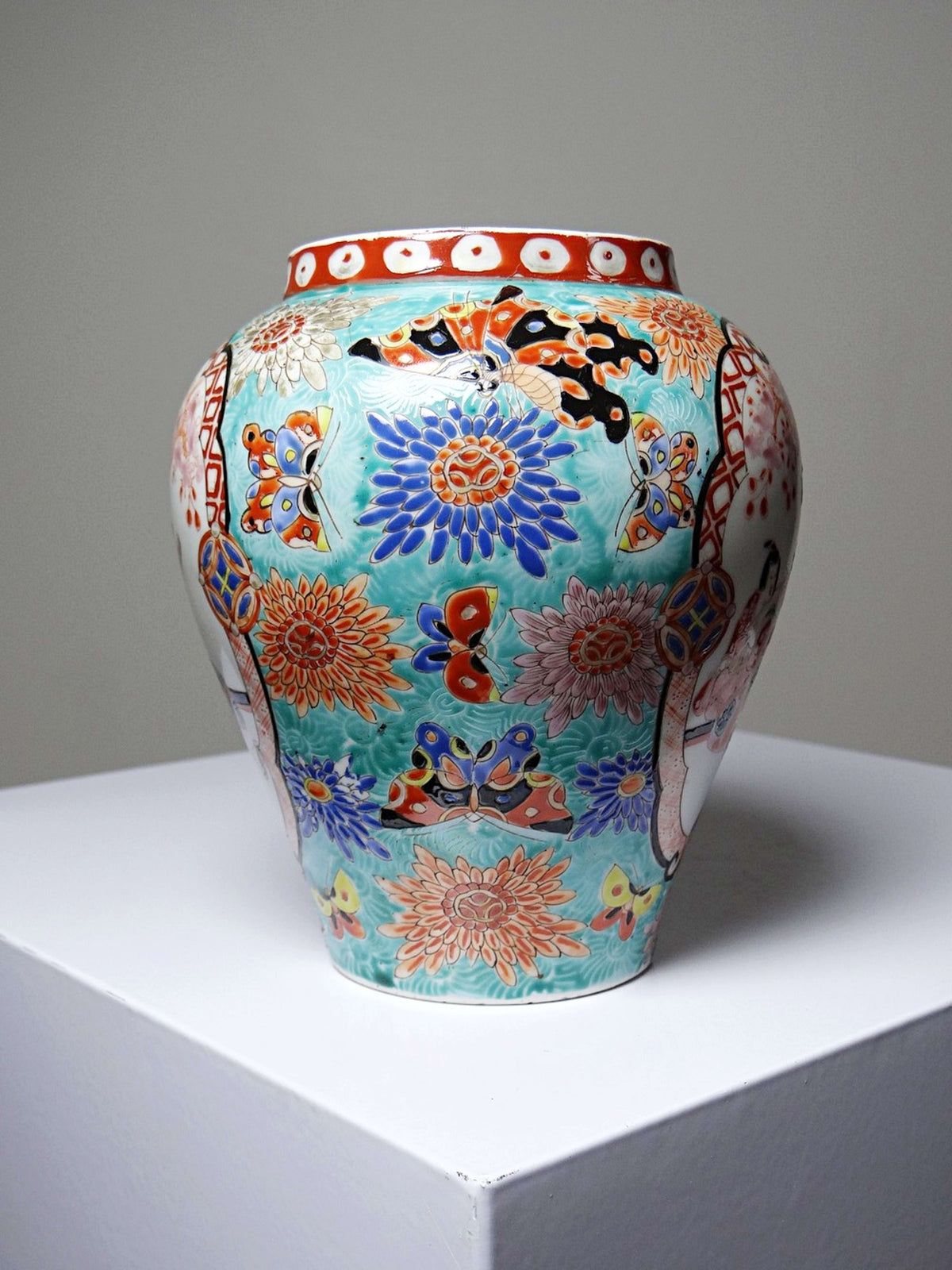 Vintage Vase Porzellan handbemalt, Meiji-Periode, Türkis und Gold