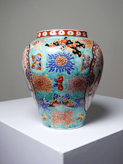 Vintage Vase Porzellan handbemalt, Meiji-Periode, Türkis und Gold