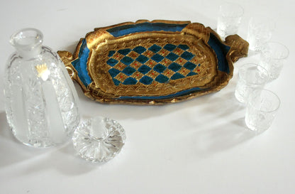 Vintage Karaffen-Set mit 5 Likörgläsern und Florentiner Tablett, Böhmen