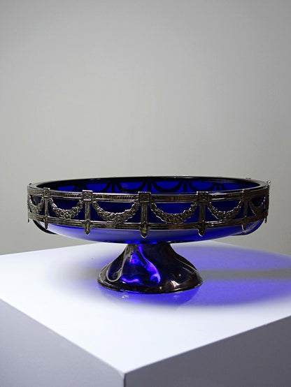 Vintage Schale aus Kobaltglas und versilbertem Metall, Louis XVI Stil, circa 1900-1920