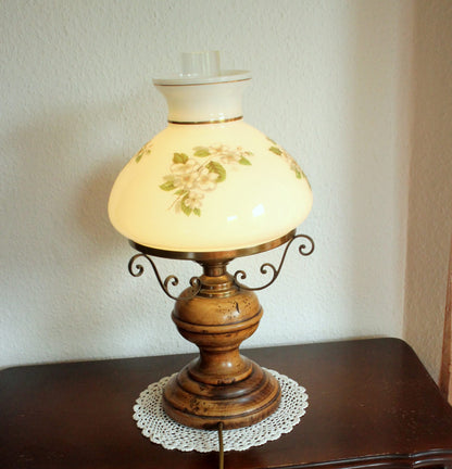 Vintage Tischlampe Landhaus-Stil aus Metall, Holz und Glas, 80er Jahre