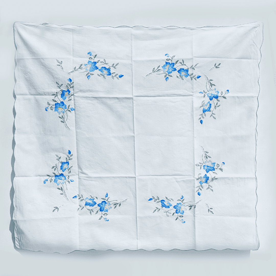 Vintage Tischdecke geblümt Baumwolle Weiß Blau Grün