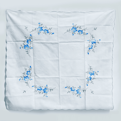 Vintage Tischdecke geblümt Baumwolle Weiß Blau Grün