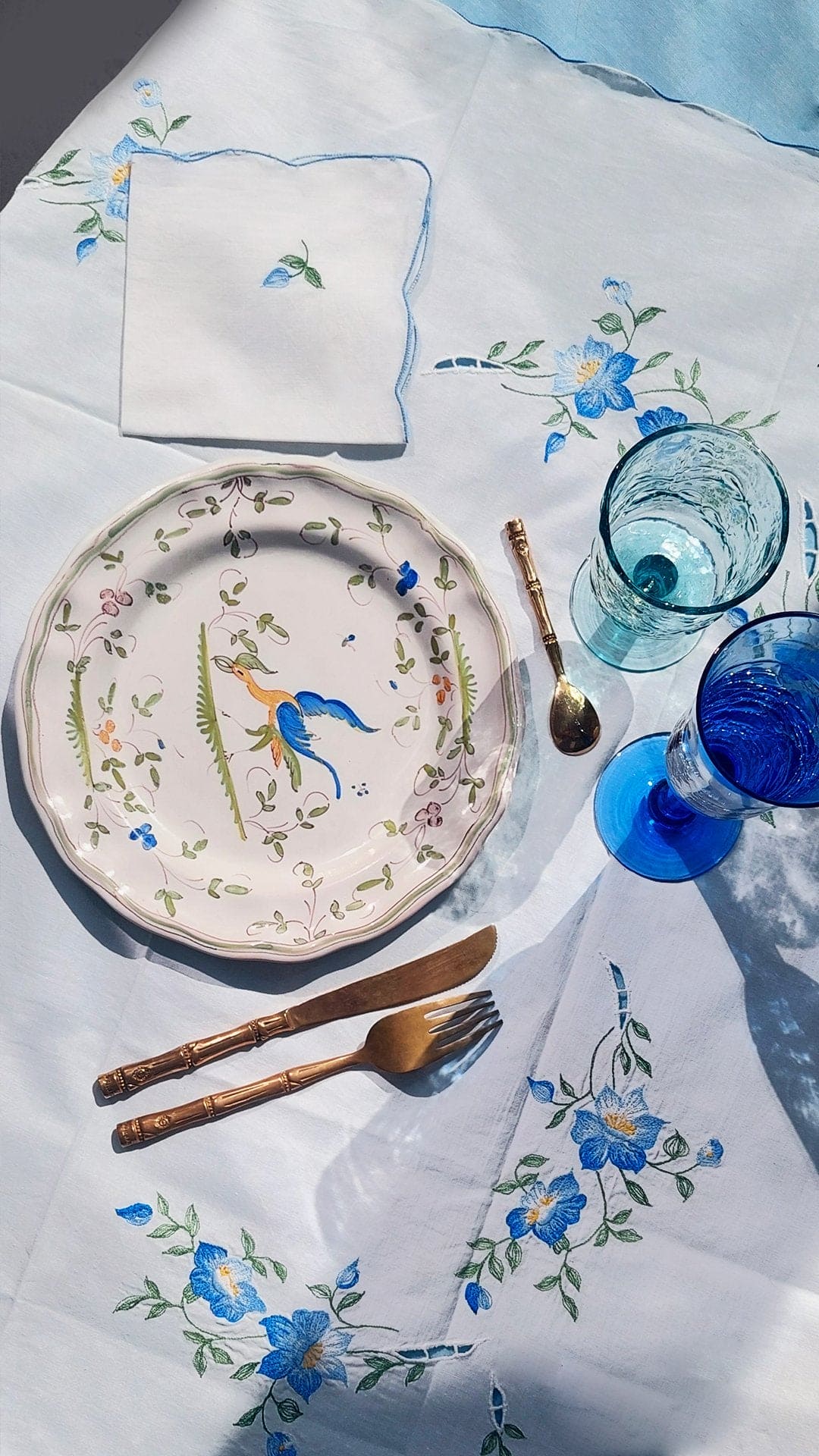 Vintage Tischdecke geblümt Baumwolle Weiß Blau Grün