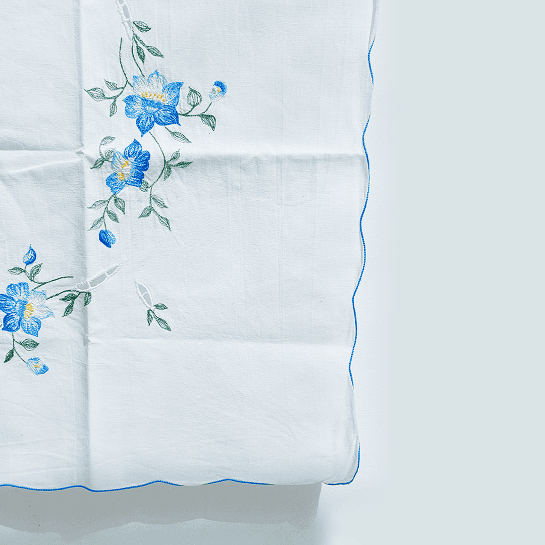 Vintage Tischdecke geblümt Baumwolle Weiß Blau Grün