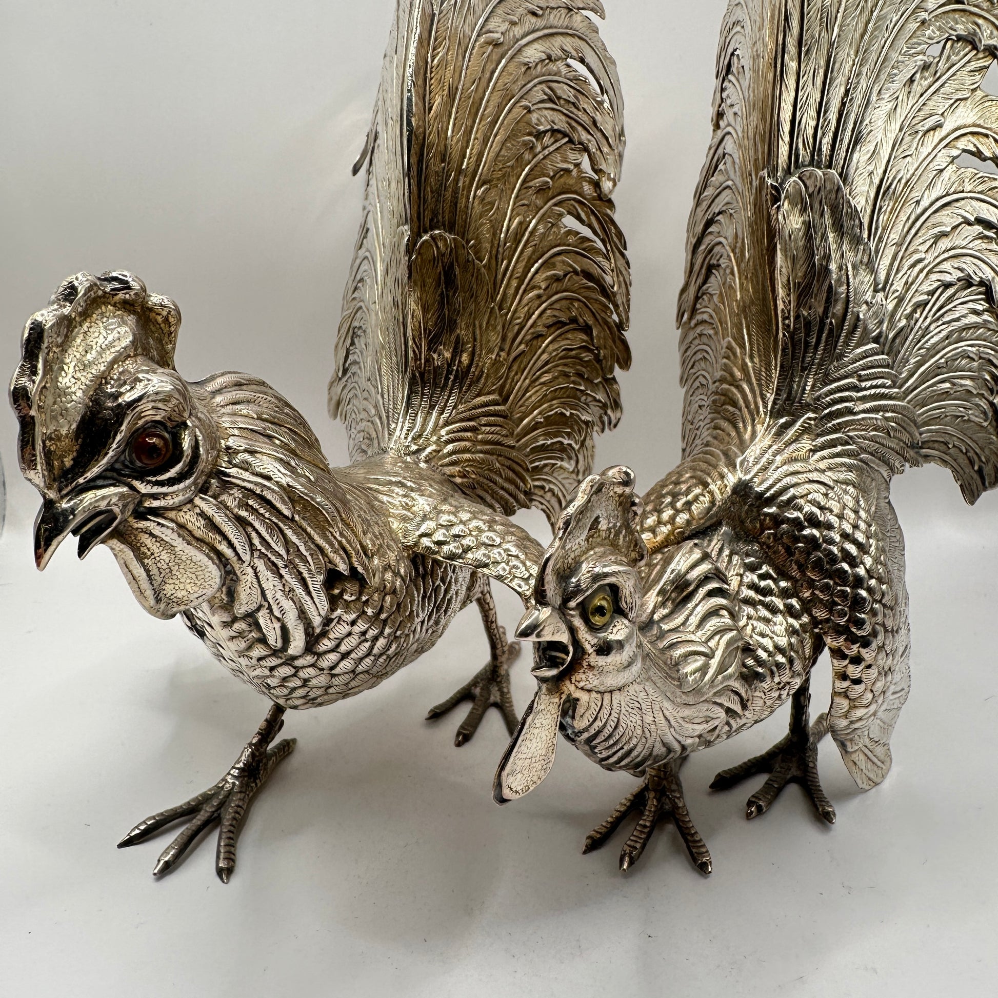 Vintage Silberfigur Set von 2 Hahn und Henne, fein graviert, massiv, dekorativ, Sammlerobjekt