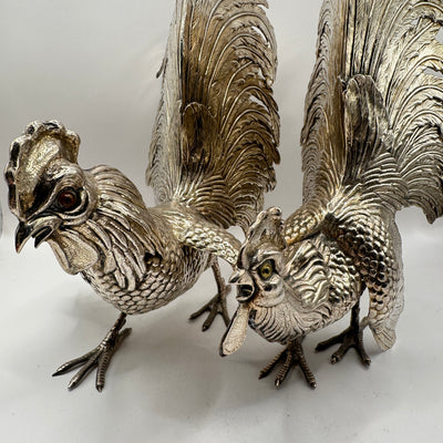 Silver figurine set of 2 rooster and hen, finely engraved, solid, decorative, collector's item
