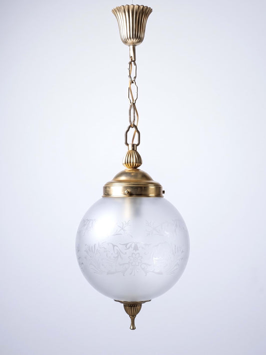 Vintage Hängeleuchte Milchglas Globe Hollywood Regency, vergoldetes Metall