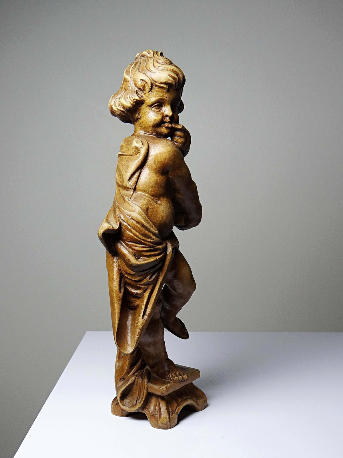 Vintage Skulptur Putto "Honigschlecker" nach Joseph Anton Feuchtmayer, Holz