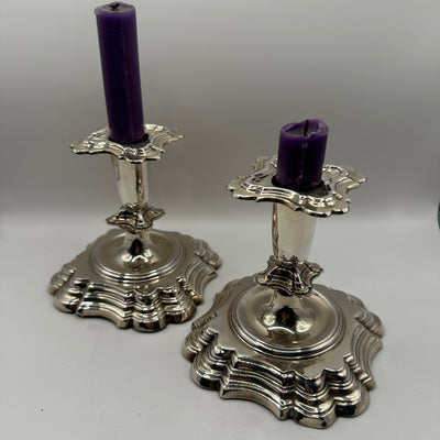 Vintage candle holder set of 2, baroque silversmith work, heavily stepped base