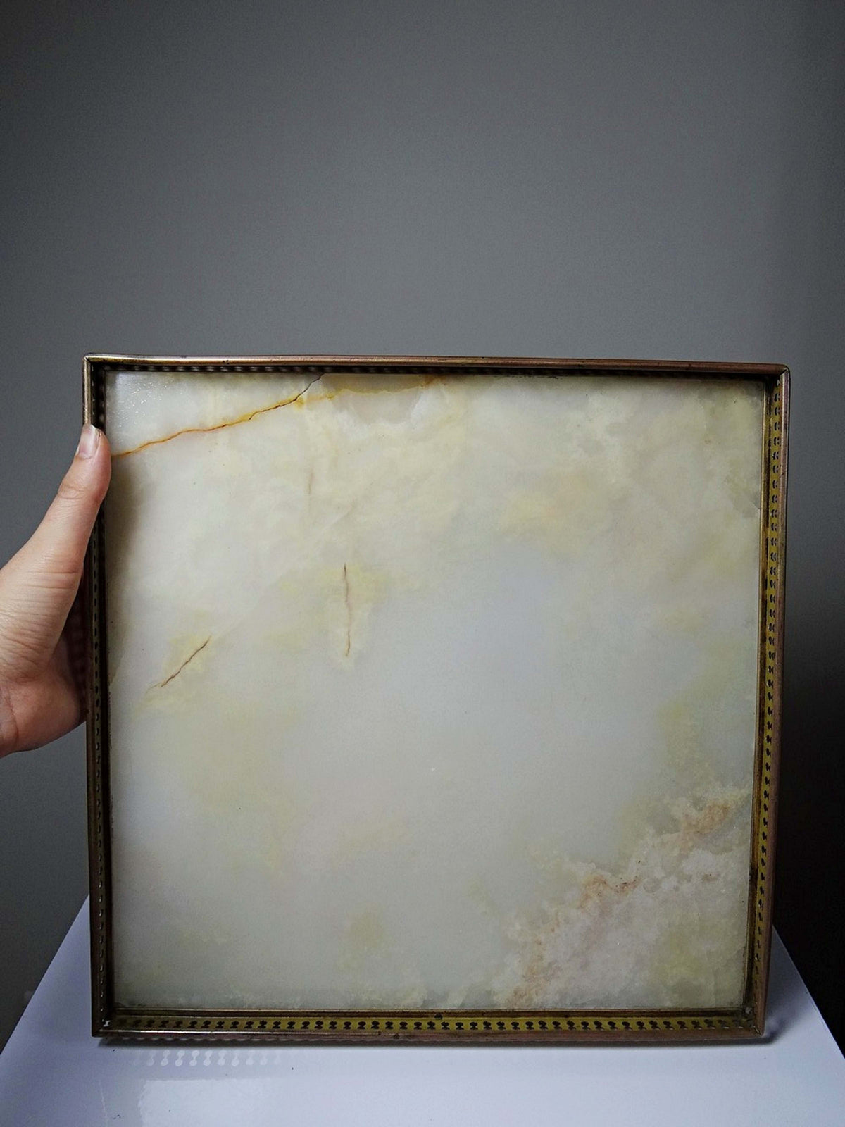 Vintage Tablett aus Holz, vergoldetem Metall und Onyx, Art Nouveau um 1900