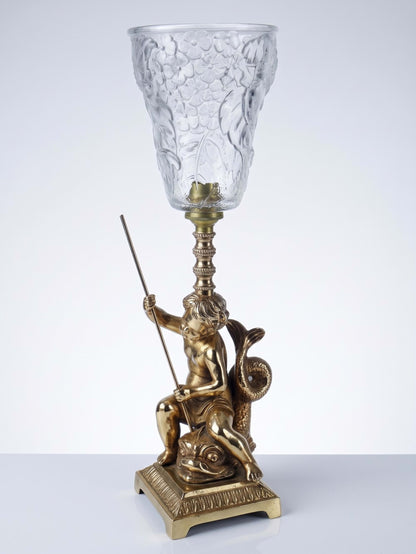 Vintage Tischlampe "Putto und Delfin" aus vergoldetem Metall, Art Deco