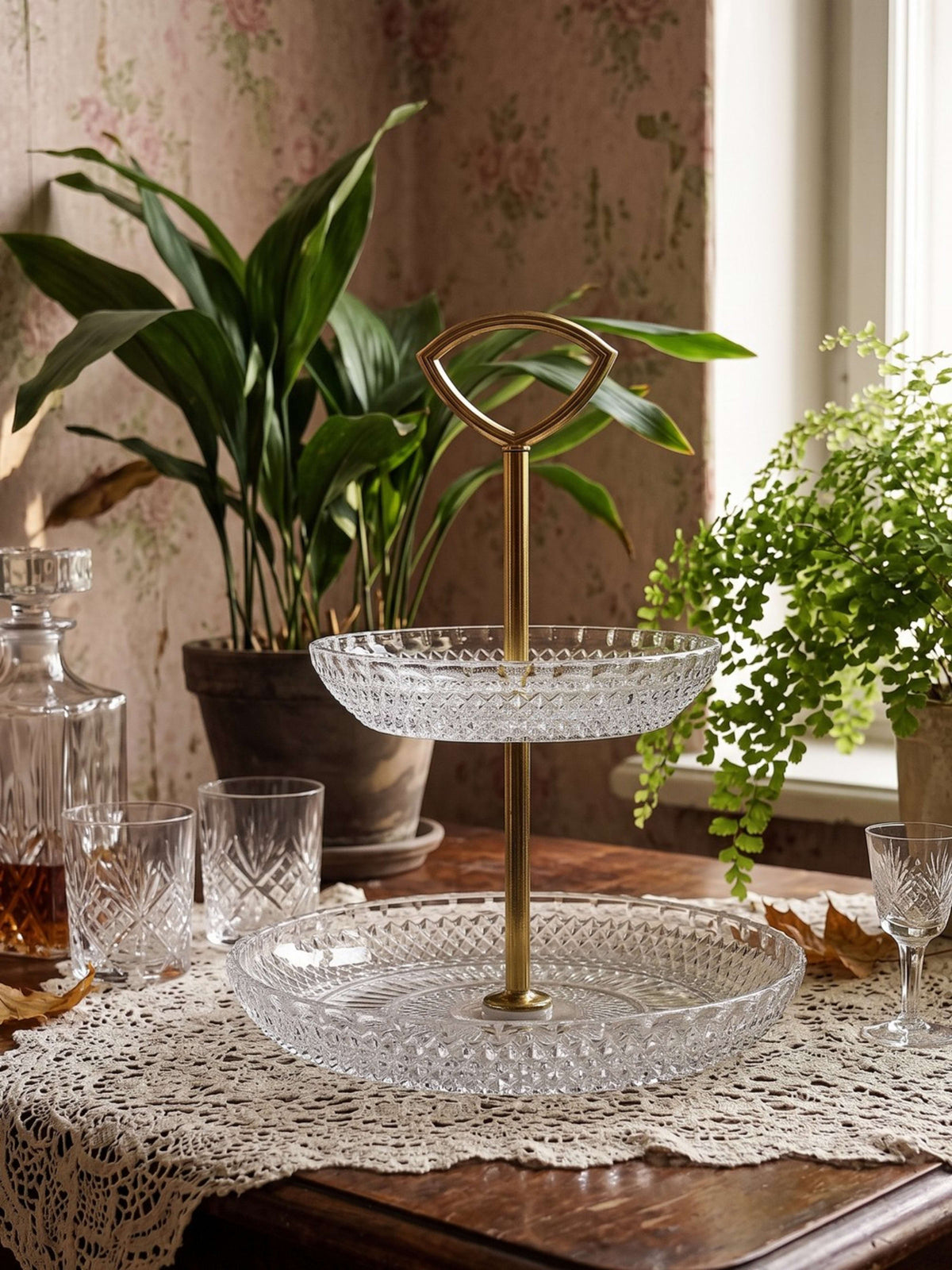Vintage Etagere aus Kristallglas und vergoldetem Metall, Hollywood Regency