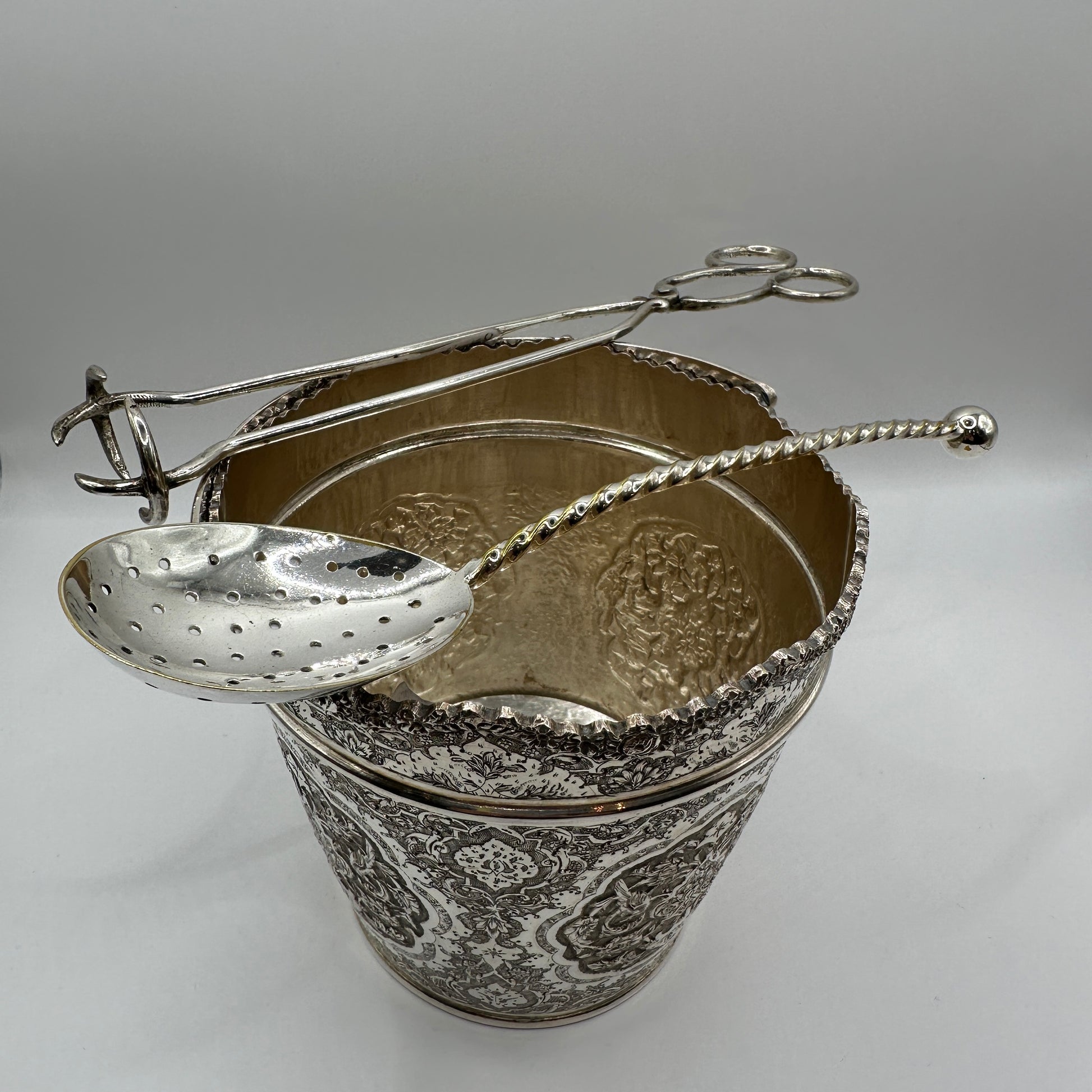 Handgefertigt Silber-Set Eiskühler, Silberzange, gelochte Servierkelle