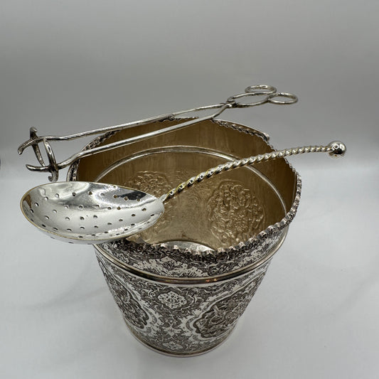 Handgefertigt Silber-Set Eiskühler, Silberzange, gelochte Servierkelle