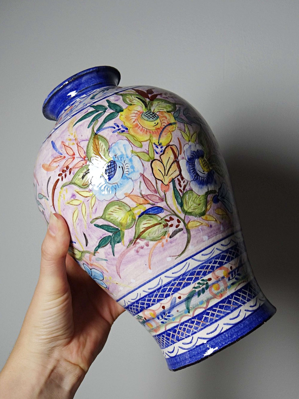 Vintage Vase Keramik handbemalt, Blumendekor, Portugal