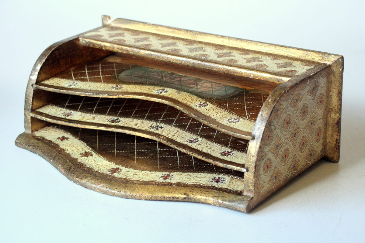 Vintage Briefehalter "Florentiner" aus vergoldetem Holz, Italien 1950er