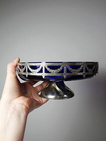 Vintage Schale aus Kobaltglas und versilbertem Metall, Louis XVI Stil, circa 1900-1920