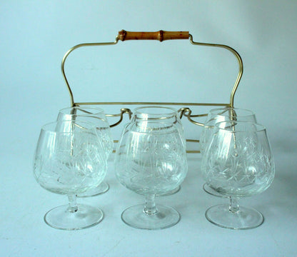 Set von 6 Vintage Cognacgläsern im Messingständer