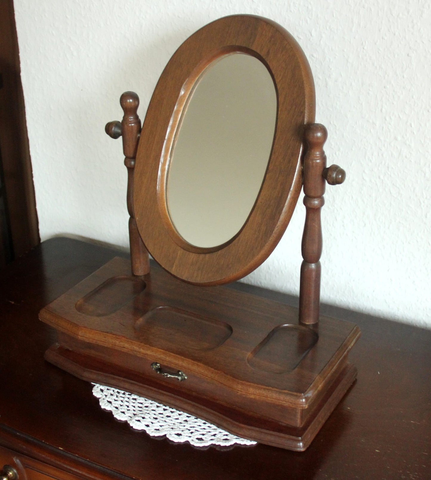 Vintage Schminkspiegel aus Holz und Glas mit Schublade