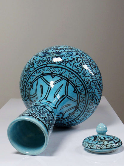 Vintage Vase Iznik Türkis von persisch Schwarzdekor Glasurkeramik