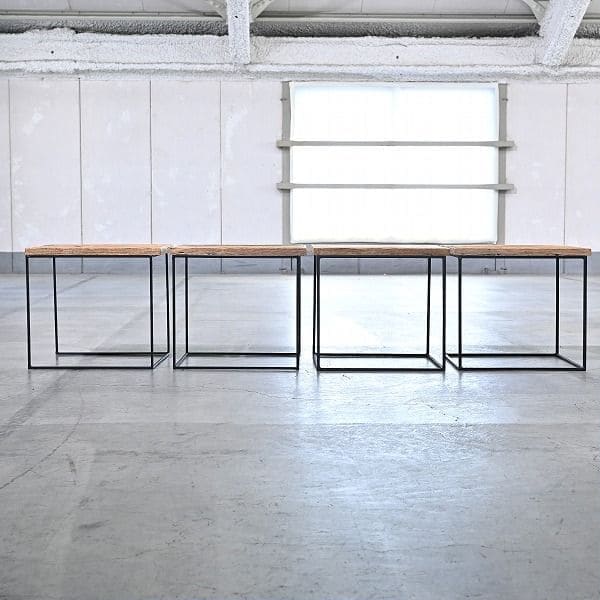 Vintage Regal Set von 4 von Industrial, offenes Design, Eisenrahmen, Holz, gebraucht