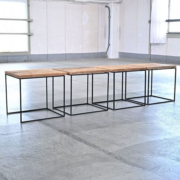 Vintage Regal Set von 4 von Industrial, offenes Design, Eisenrahmen, Holz, gebraucht