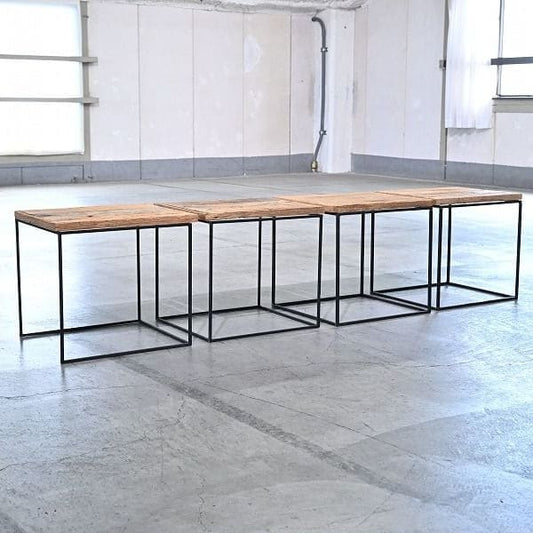 Vintage Regal Set von 4 von Industrial, offenes Design, Eisenrahmen, Holz, gebraucht