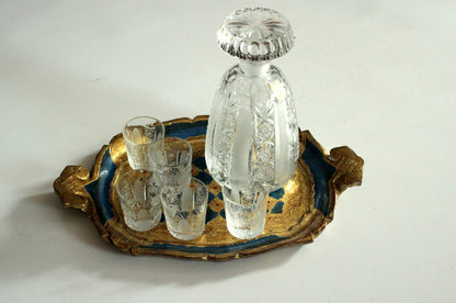 Vintage Karaffen-Set mit 5 Likörgläsern und Florentiner Tablett, Böhmen