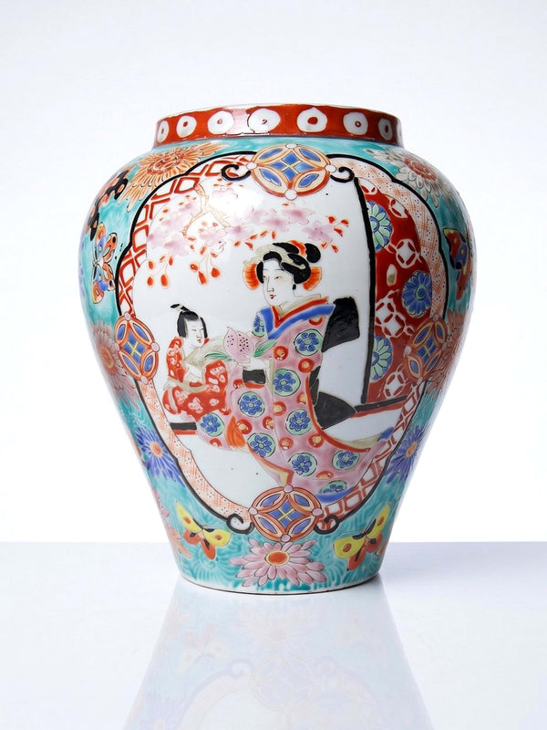 Vintage Vase Porzellan handbemalt, Meiji-Periode, Türkis und Gold