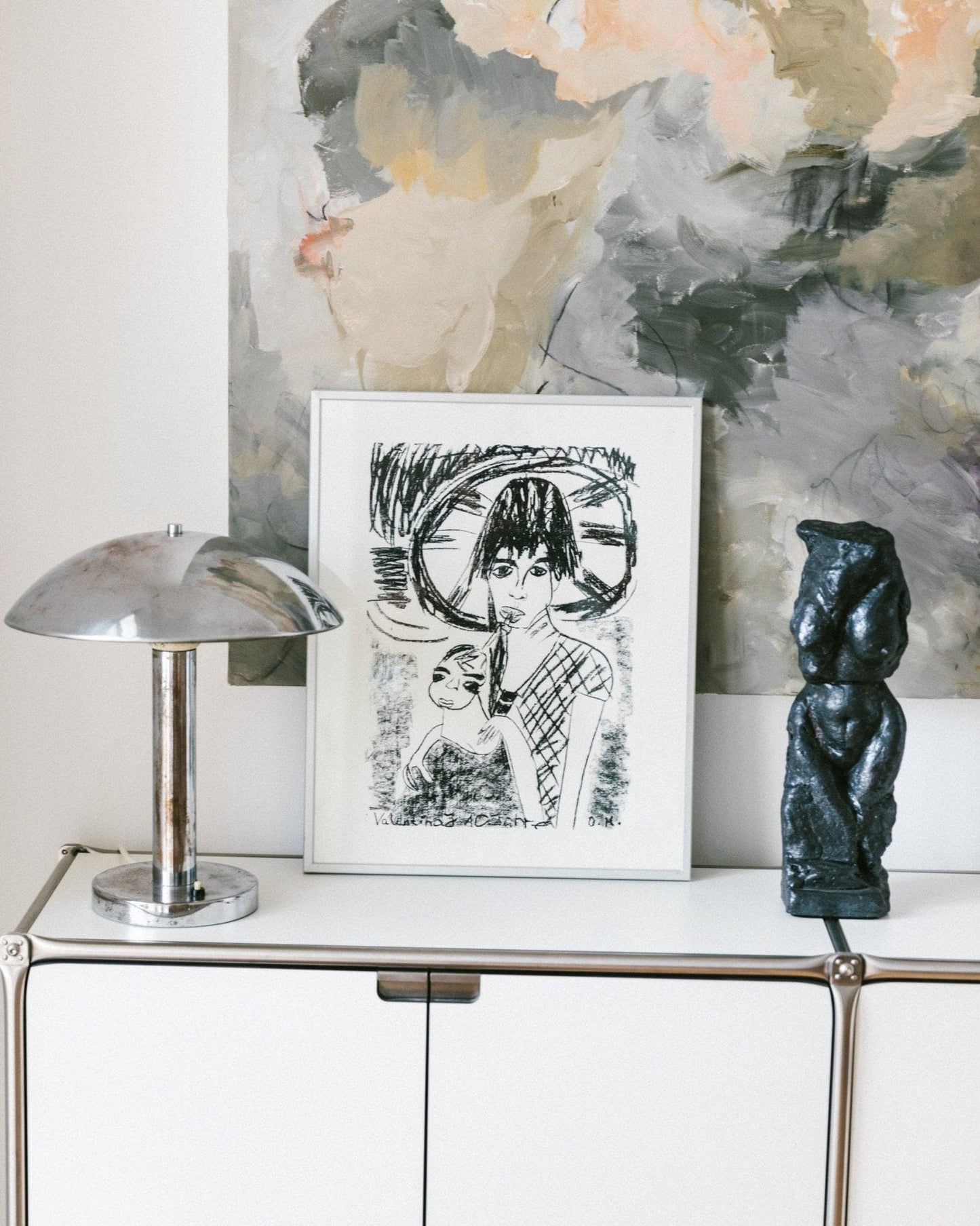 Vintage portrait print - father, mother with child - framed in aluminum frame - 1980s