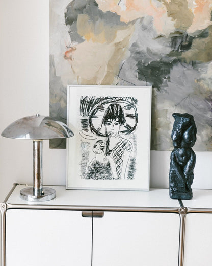 Vintage portrait print - father, mother with child - framed in aluminum frame - 1980s