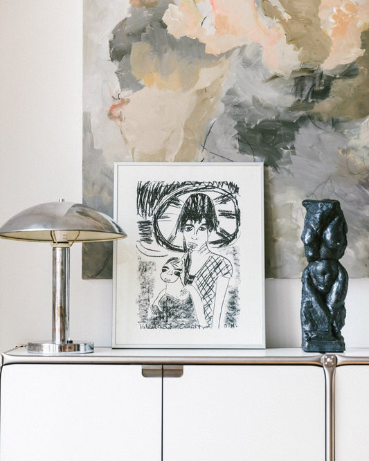 Vintage portrait print - father, mother with child - framed in aluminum frame - 1980s