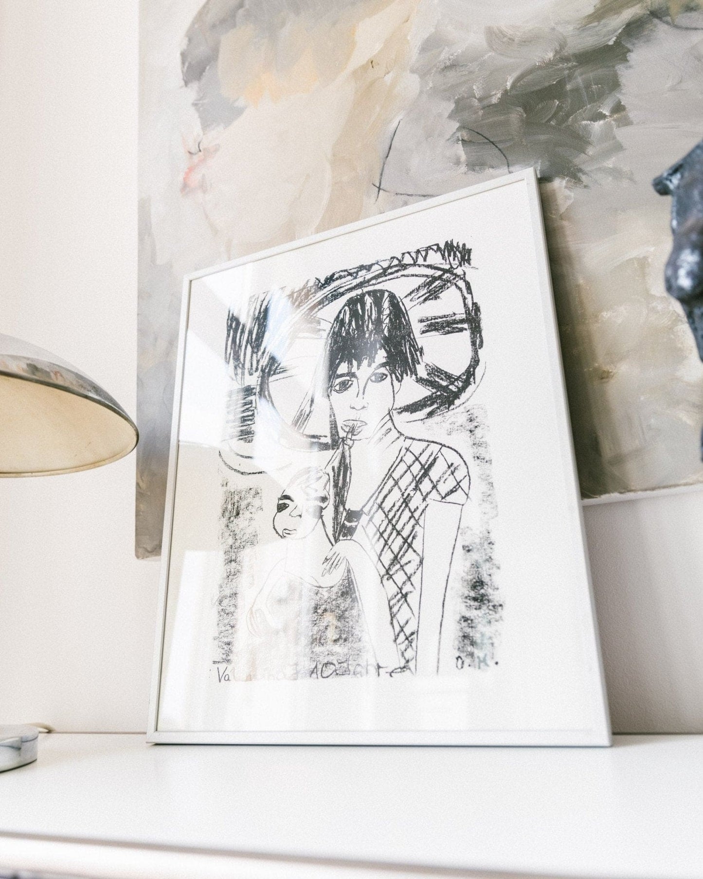 Vintage portrait print - father, mother with child - framed in aluminum frame - 1980s