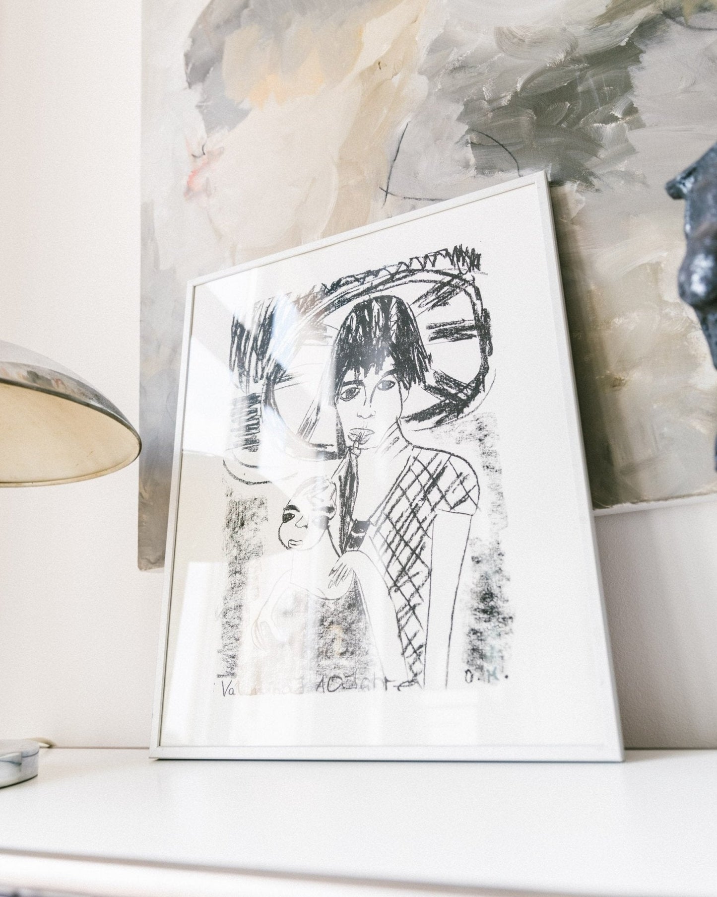 Vintage portrait print - father, mother with child - framed in aluminum frame - 1980s