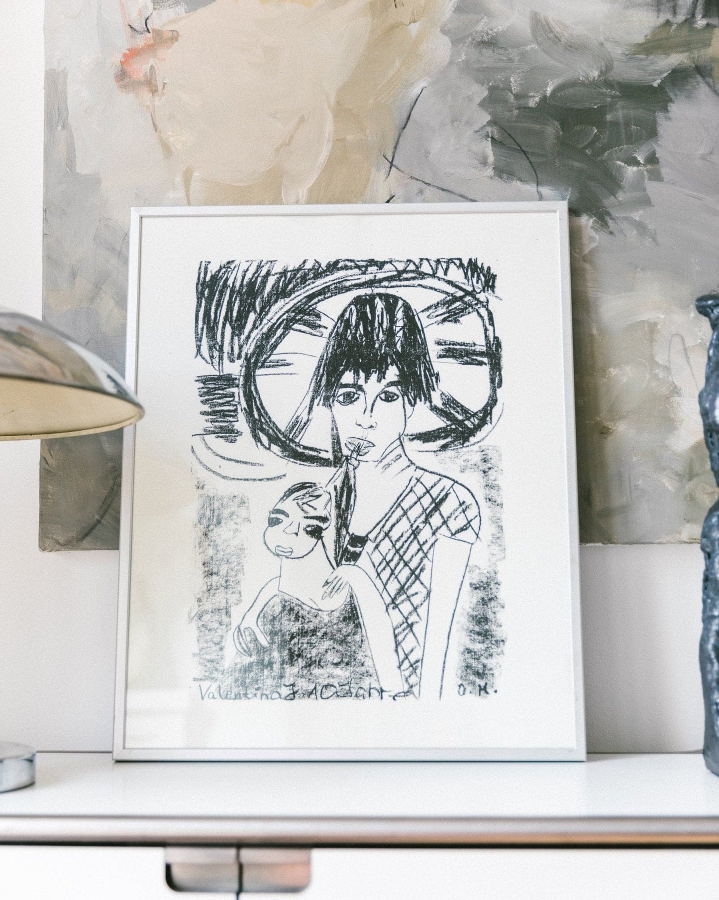 Vintage portrait print - father, mother with child - framed in aluminum frame - 1980s