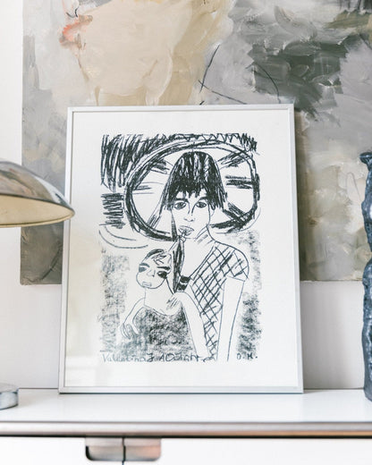 Vintage portrait print - father, mother with child - framed in aluminum frame - 1980s