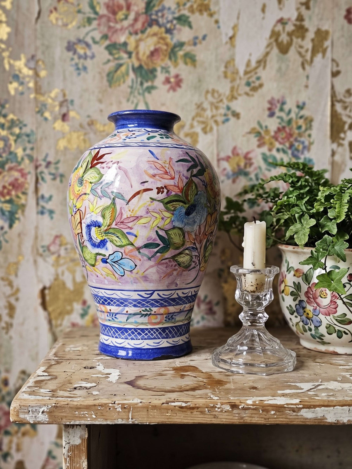 Vintage Vase Keramik handbemalt, Blumendekor, Portugal