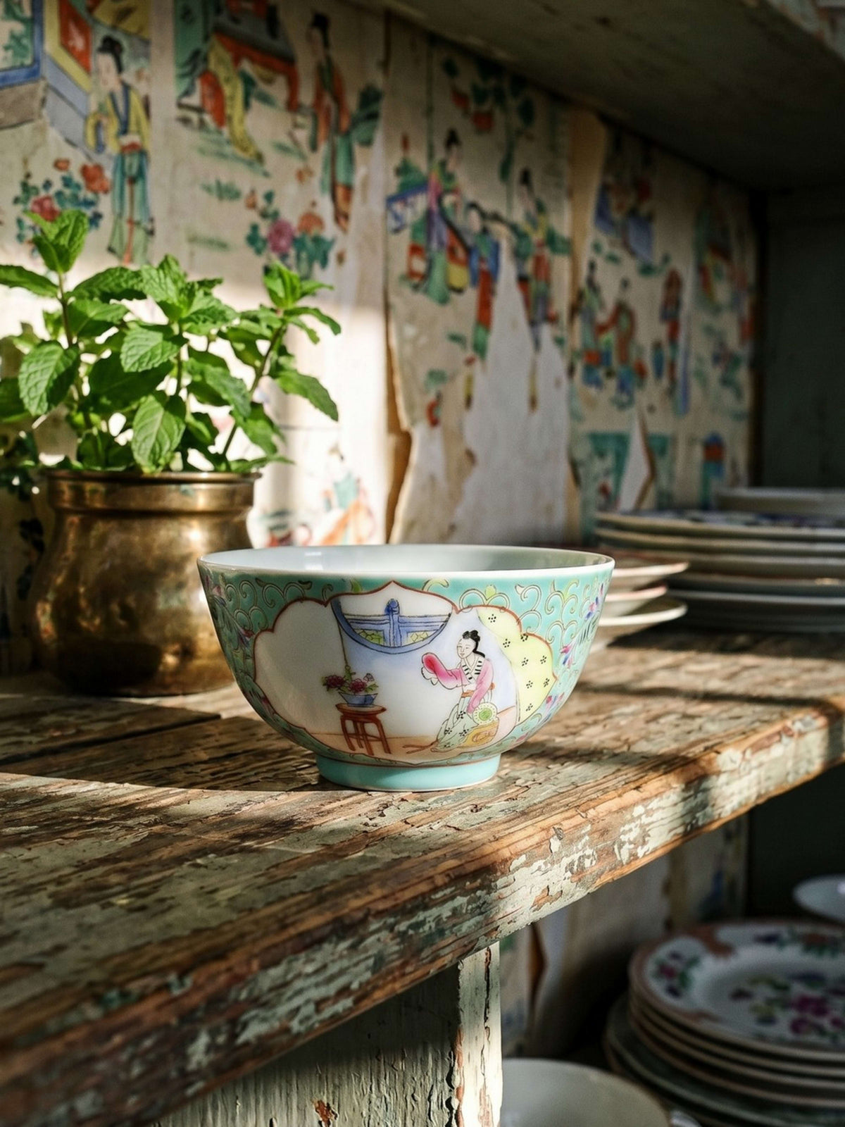 Vintage Porzellanschale Famille Rose Jingdezhen, Damen-Motiv 60er
